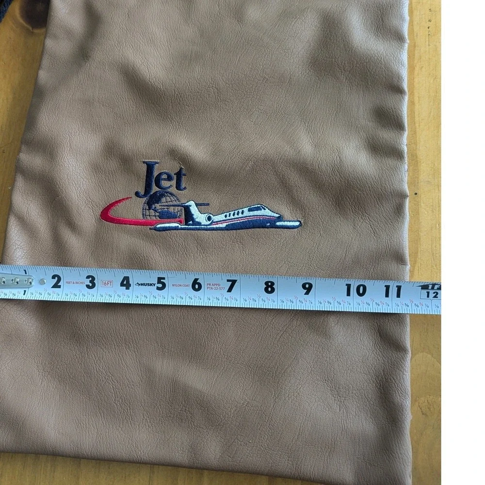 Rare Vintage Aviation Private Jet Embroidered Tan Leather Drawstring Pouch 16x12
